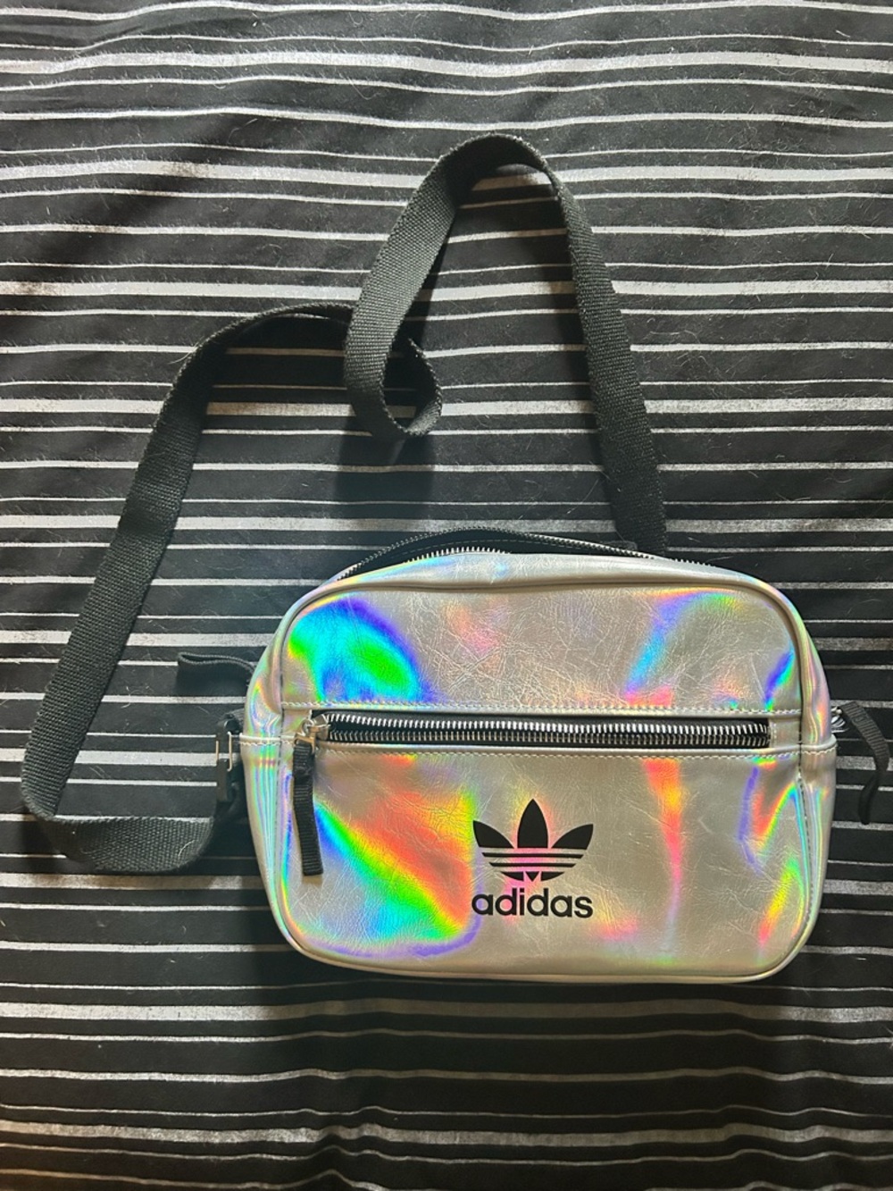 adidas Holographic Silver Crossbody Bag with Black Strap